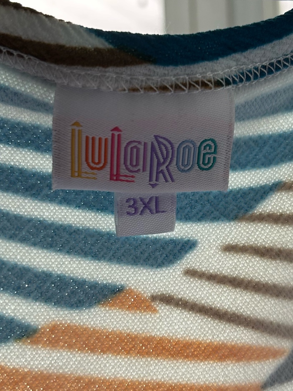 LuLaRoe Striped Geometric Mini Dress in Blue, Mustard, Brown, Black, White - Picture 2 of 4